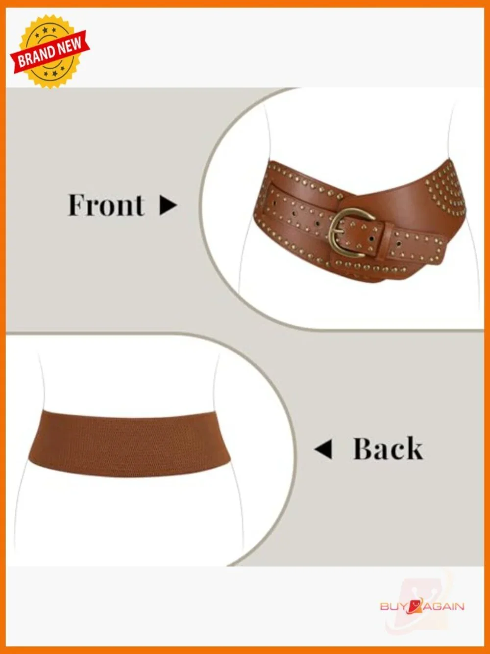 Vintage Wide Elastic Belt with Studs & Buckle - Stretchy Faux Leather Waist Belt